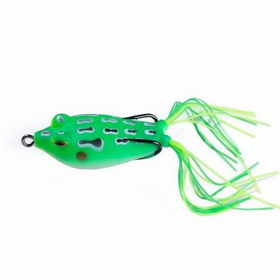 Green frog-shaped fishing lure with black details on a white background